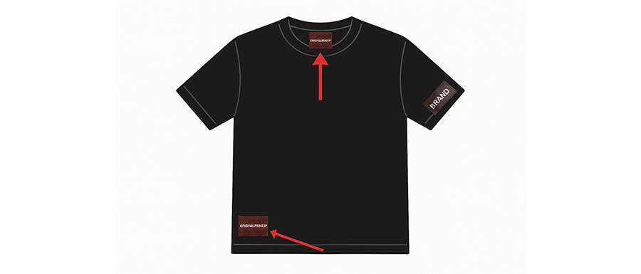 Tシャツのタグ取付位置（襟裏・裾・袖）を矢印で示した図解